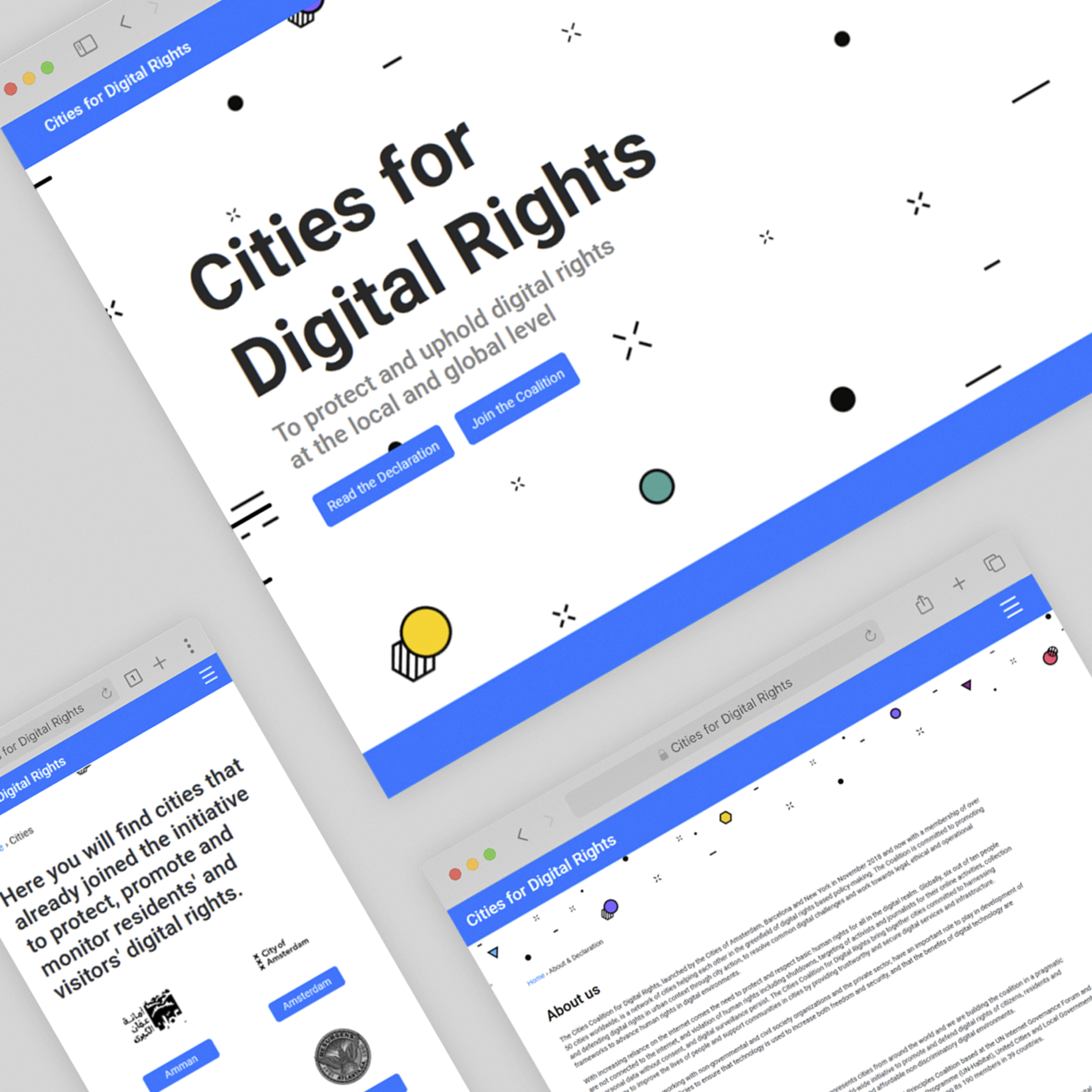 Cities for Digital Rights screens positioned diagonally