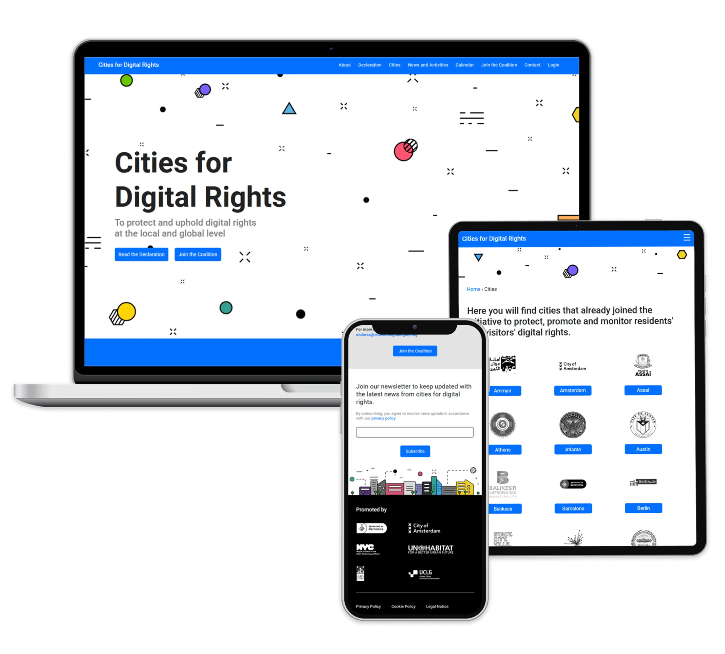 Cities for Digital Rights computer, tablet and mobile mockups