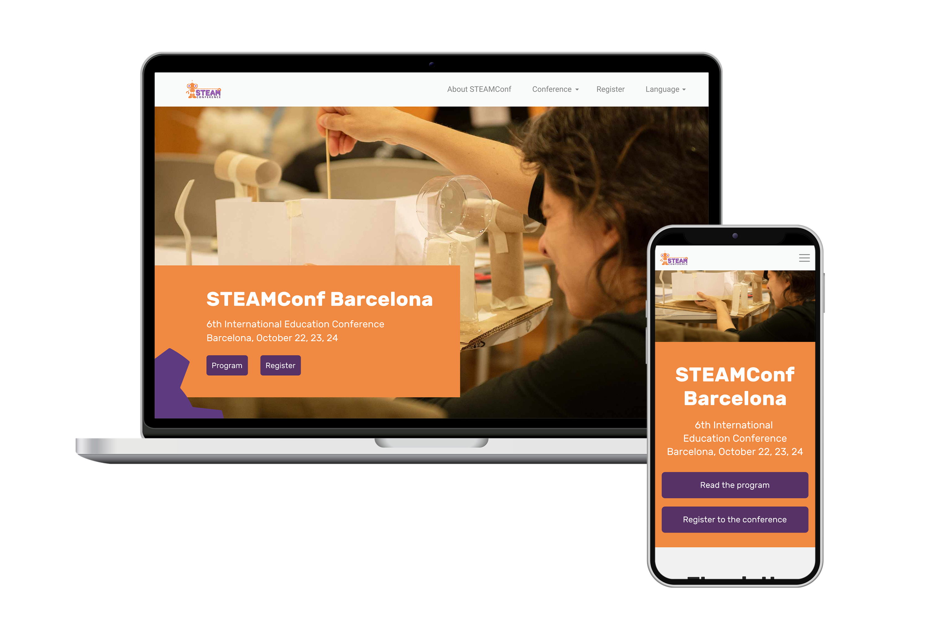 SteamConf website computer, tablet and mobile mockups