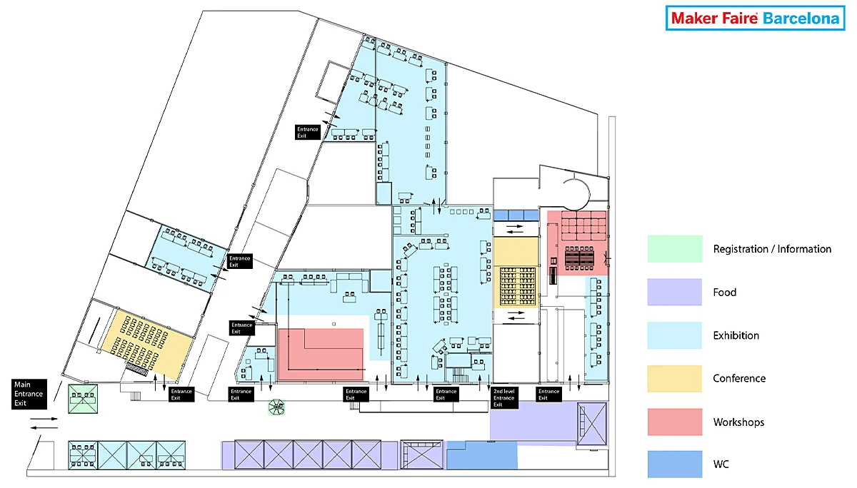 Image of Maker Faire&rsquo;s 2019 floor plan describing the access points and areas distribution.