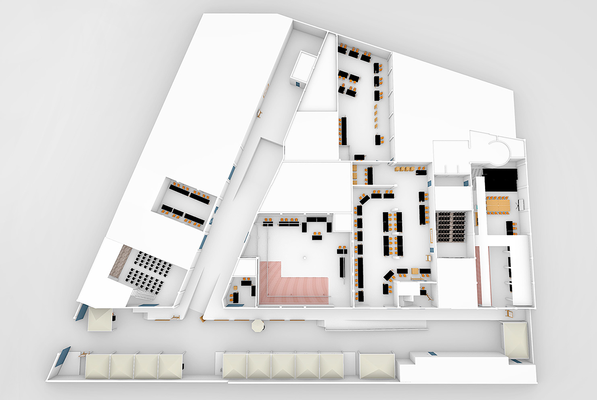 Image of Maker Faire&rsquo;s 2019 floor plan in 3D showing the placement zone elements.